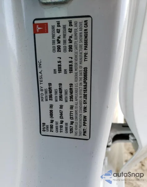 2018 Tesla Model 3 из США, поврежденный, VIN 5YJ3E1EA9JF006503